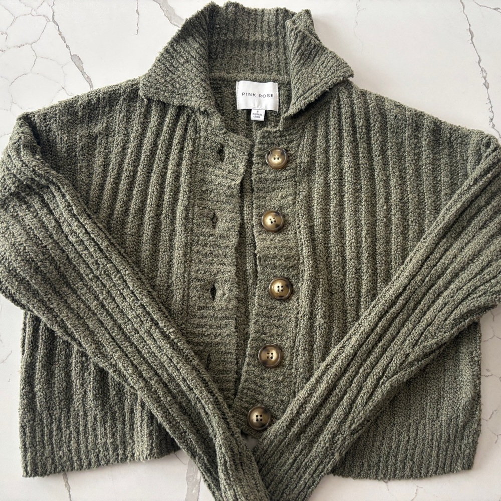 Pink Rose Women's Ribbed Cardigan in Olive